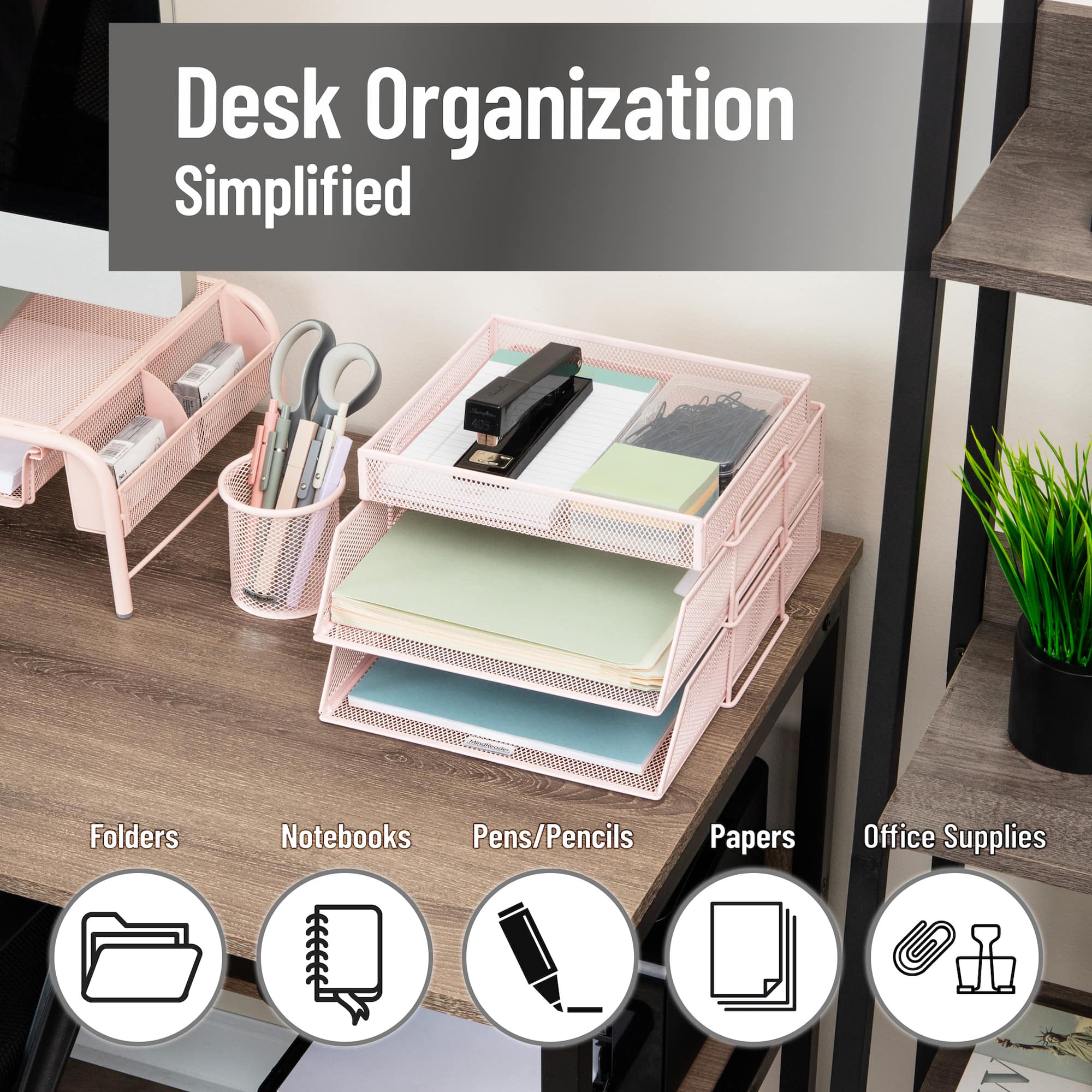 Mind Reader 2 Tier Paper Tray with Top Supply Compartment, Desktop File Organizer, Metal Mesh